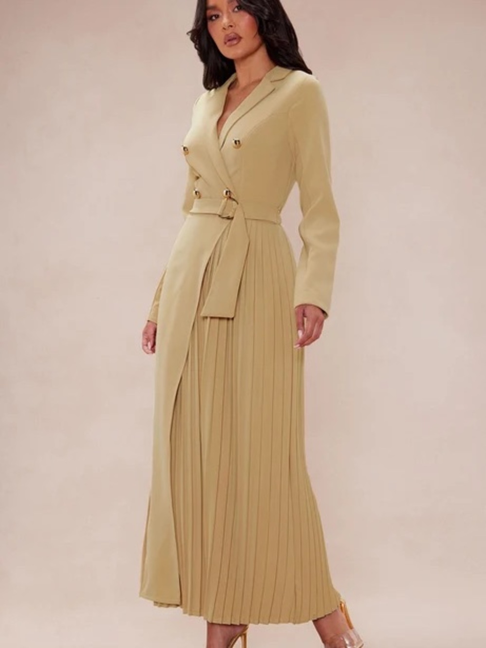 Fashion Nova Beige Pleated Wrap Maxi Dress